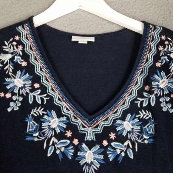 J. Jill Linen Shirt Women's Large Blue Floral Embroidered V-Neck Beach Casual - Picture 3 of 10